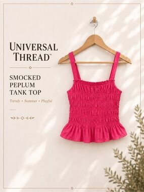 Universal Thread Hot Pink Smocked Peplum Tank Trendy Summer Top Size Large